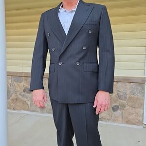VTG Chaps Ralph Lauren Suit Mens 42R Double Breasted Chalk Line Pinstripe 2Pc